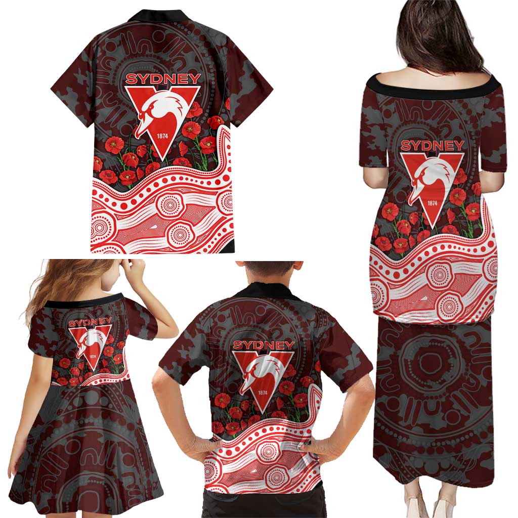 Sydney Swans ANZAC Day Family Matching Puletasi and Hawaiian Shirt Indigenous Dot Art with Poppy Flower Tribute