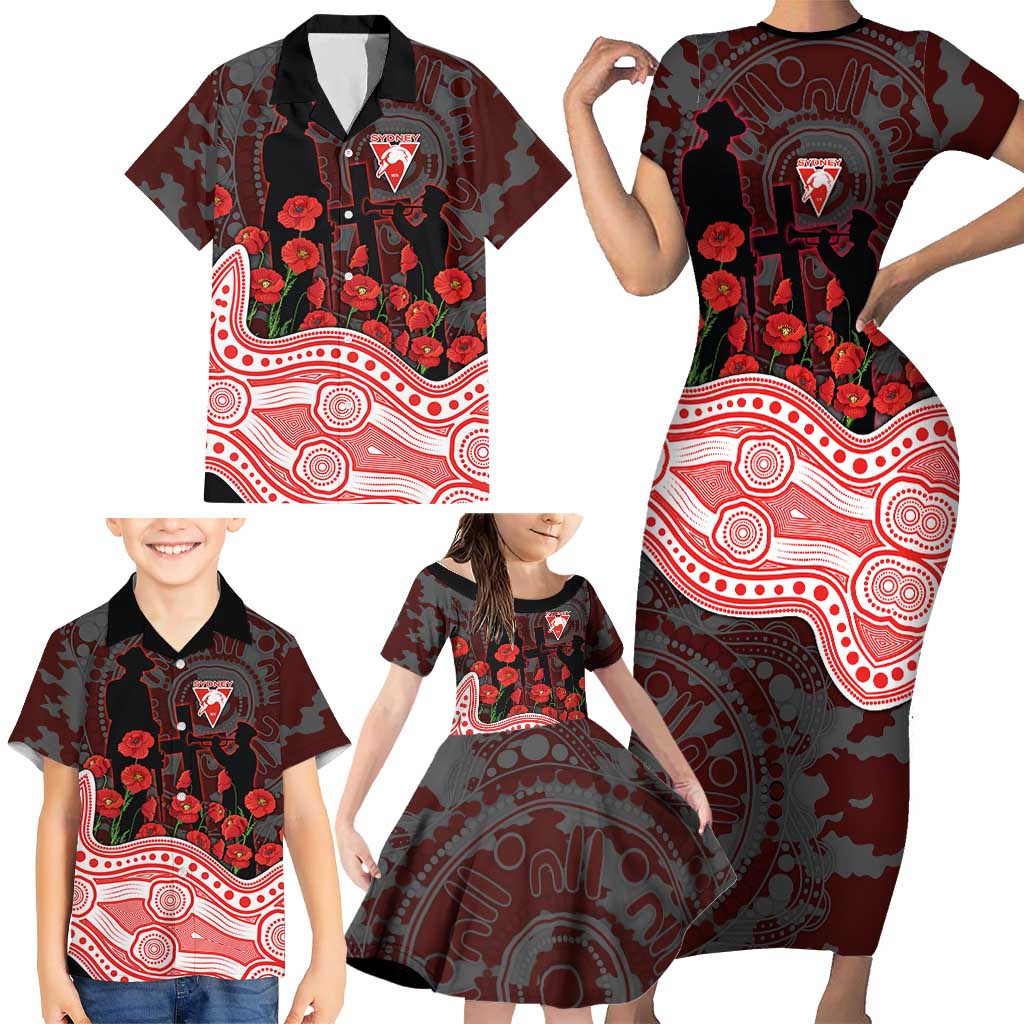 Sydney Swans ANZAC Day Family Matching Short Sleeve Bodycon Dress and Hawaiian Shirt Indigenous Dot Art with Poppy Flower Tribute