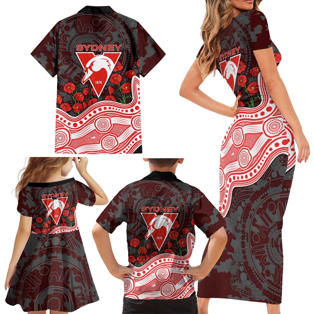 Sydney Swans ANZAC Day Family Matching Short Sleeve Bodycon Dress and Hawaiian Shirt Indigenous Dot Art with Poppy Flower Tribute