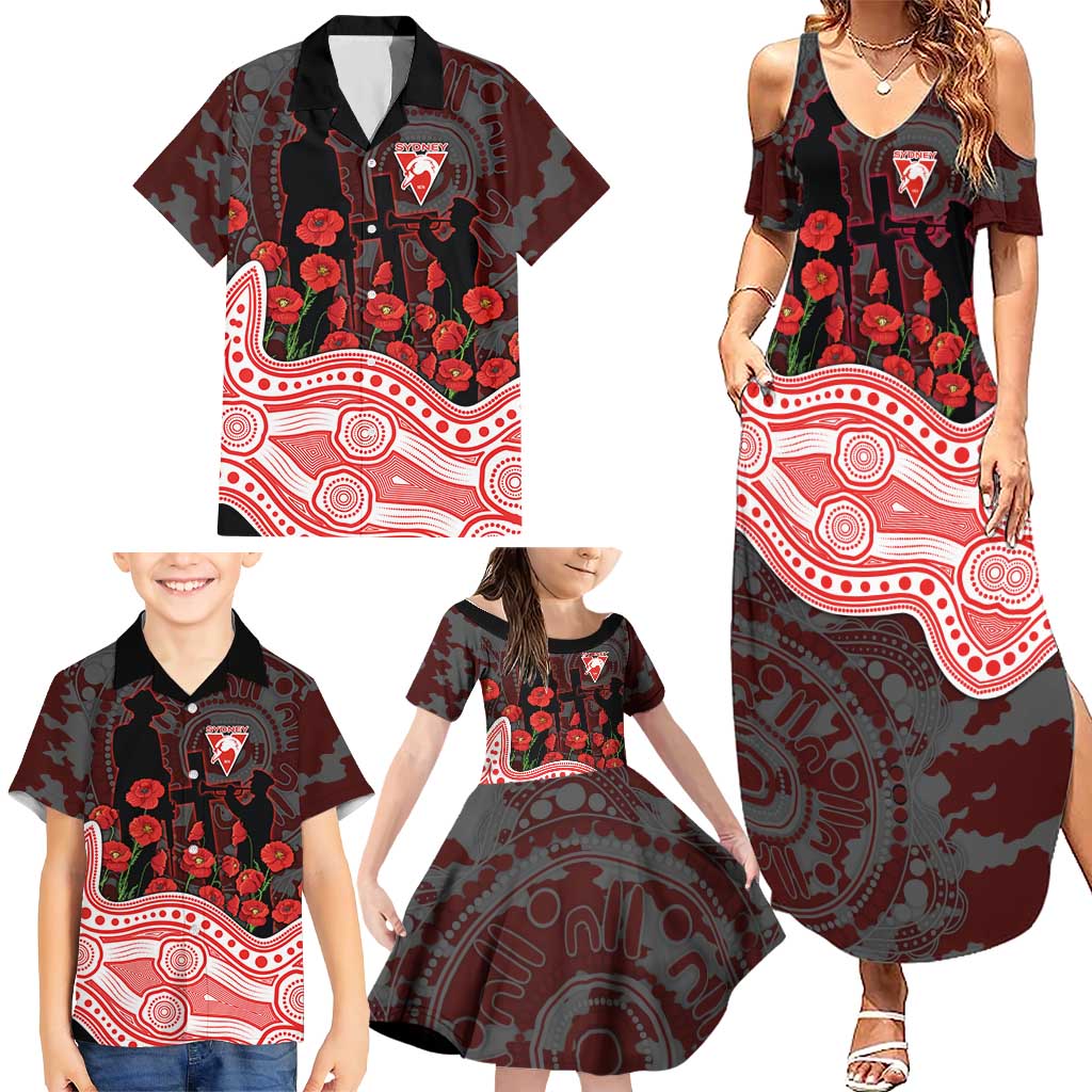 Sydney Swans ANZAC Day Family Matching Summer Maxi Dress and Hawaiian Shirt Indigenous Dot Art with Poppy Flower Tribute