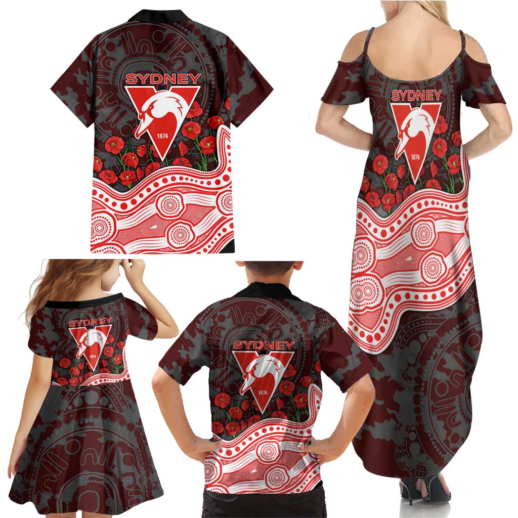 Sydney Swans ANZAC Day Family Matching Summer Maxi Dress and Hawaiian Shirt Indigenous Dot Art with Poppy Flower Tribute