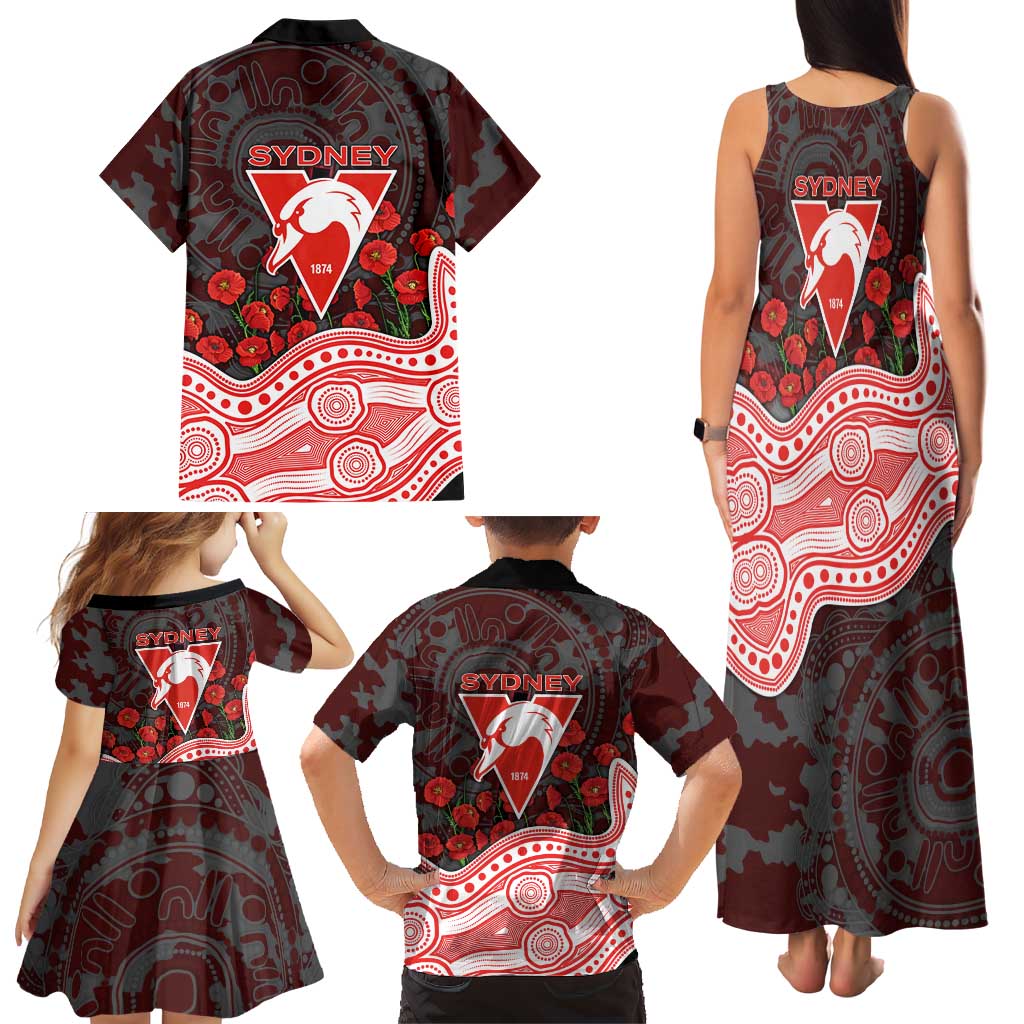 Sydney Swans ANZAC Day Family Matching Tank Maxi Dress and Hawaiian Shirt Indigenous Dot Art with Poppy Flower Tribute