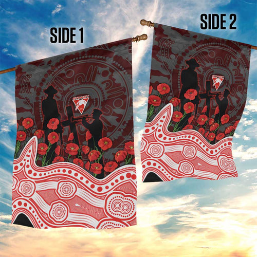 Sydney Swans ANZAC Day Garden Flag Indigenous Dot Art with Poppy Flower Tribute
