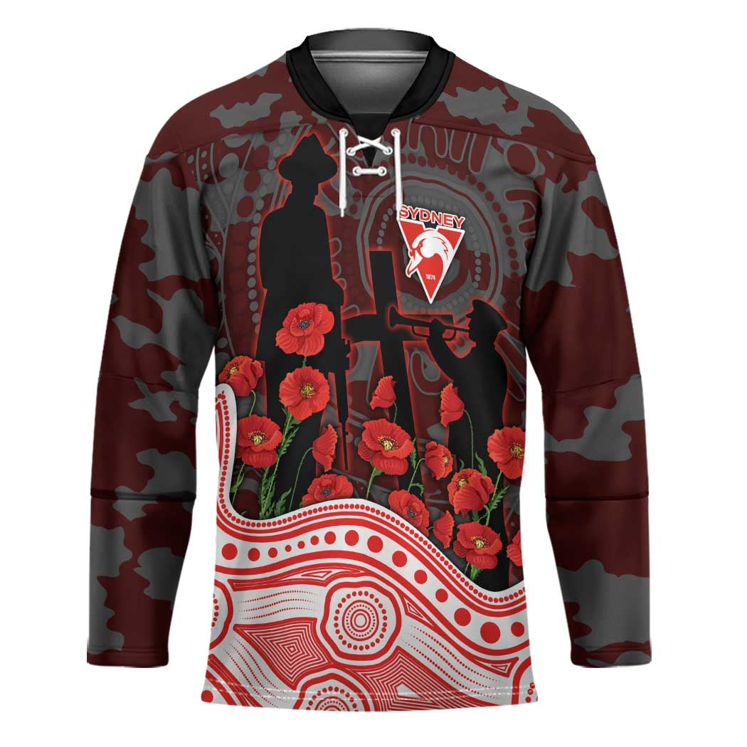 Sydney Swans ANZAC Day Hockey Jersey Indigenous Dot Art with Poppy Flower Tribute