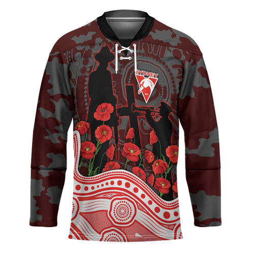 Sydney Swans ANZAC Day Hockey Jersey Indigenous Dot Art with Poppy Flower Tribute