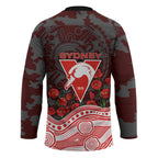 Sydney Swans ANZAC Day Hockey Jersey Indigenous Dot Art with Poppy Flower Tribute