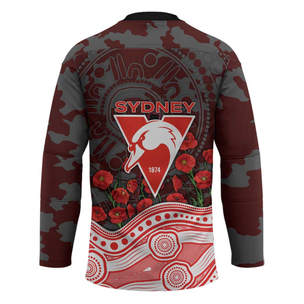 Sydney Swans ANZAC Day Hockey Jersey Indigenous Dot Art with Poppy Flower Tribute
