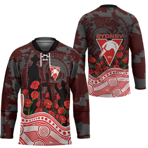 Sydney Swans ANZAC Day Hockey Jersey Indigenous Dot Art with Poppy Flower Tribute