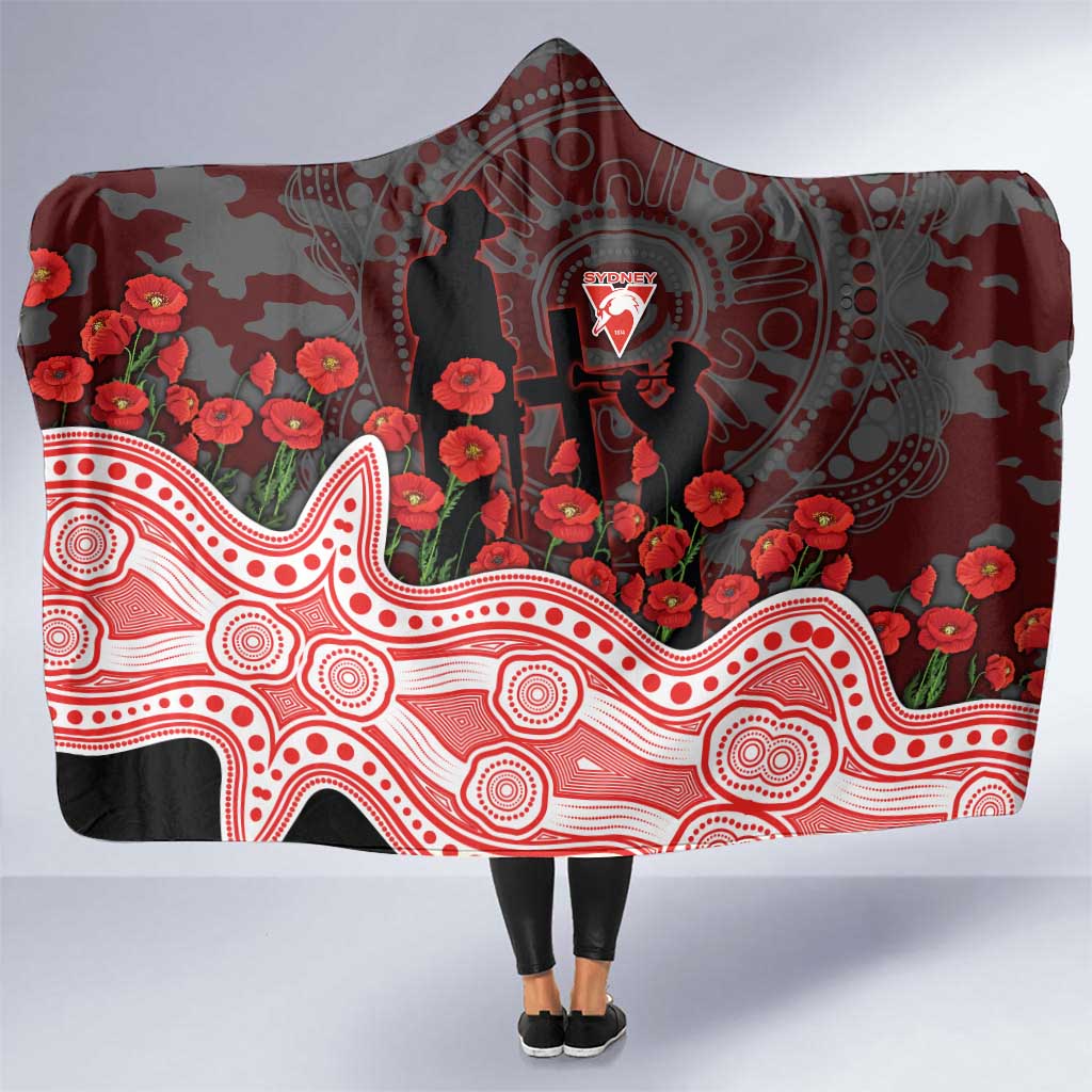 Sydney Swans ANZAC Day Hooded Blanket Indigenous Dot Art with Poppy Flower Tribute
