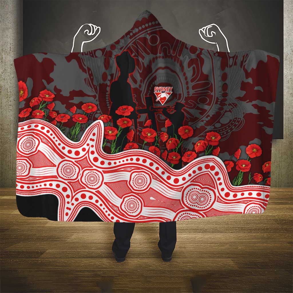 Sydney Swans ANZAC Day Hooded Blanket Indigenous Dot Art with Poppy Flower Tribute