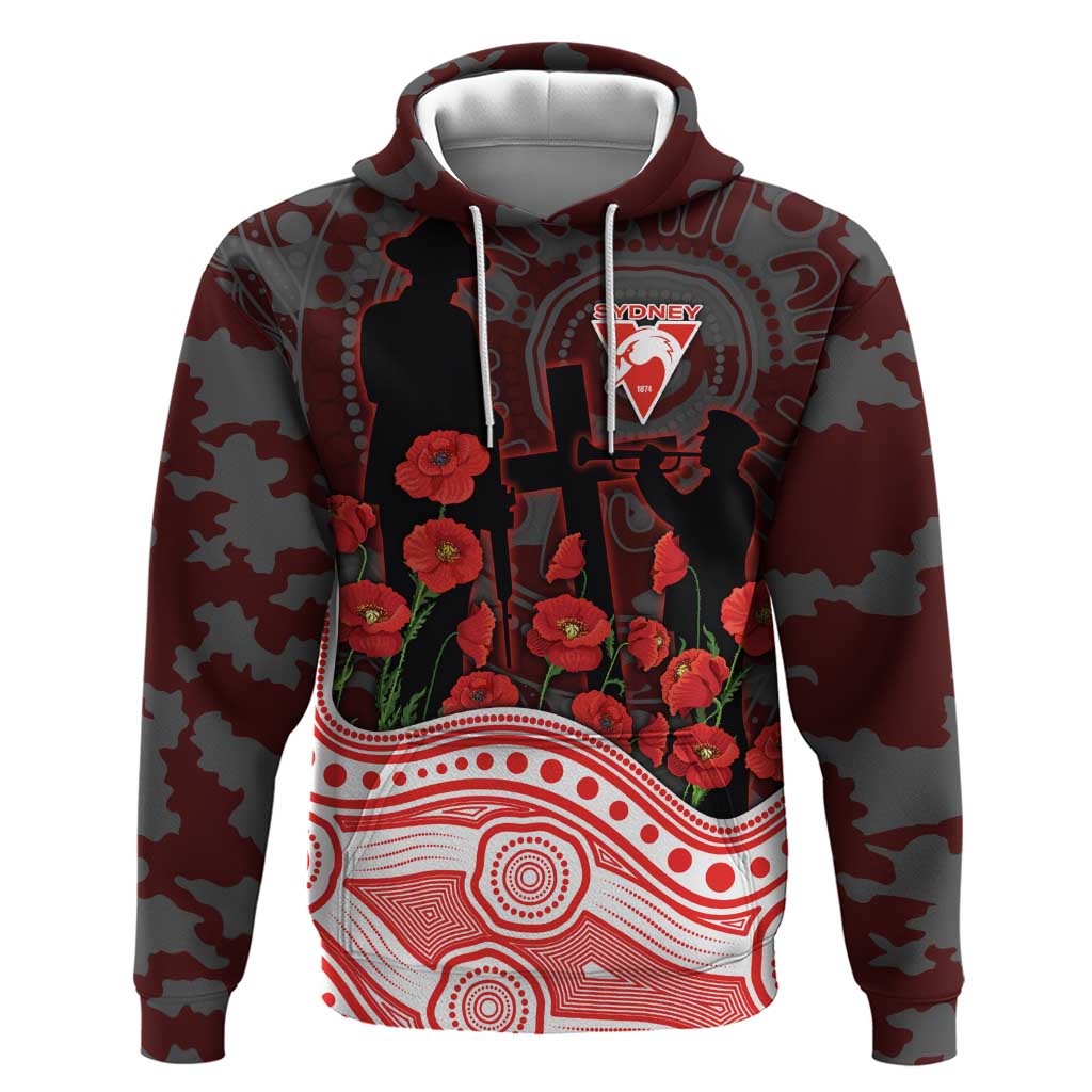 Sydney Swans ANZAC Day Hoodie Indigenous Dot Art with Poppy Flower Tribute