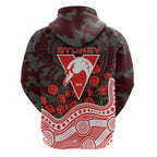 Sydney Swans ANZAC Day Hoodie Indigenous Dot Art with Poppy Flower Tribute