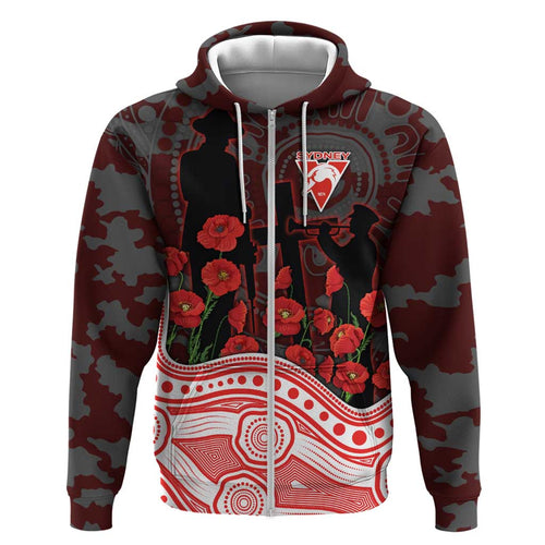 Sydney Swans ANZAC Day Hoodie Indigenous Dot Art with Poppy Flower Tribute