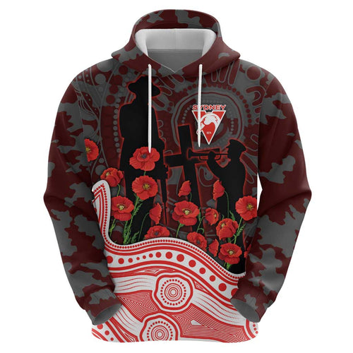 Sydney Swans ANZAC Day Hoodie Indigenous Dot Art with Poppy Flower Tribute