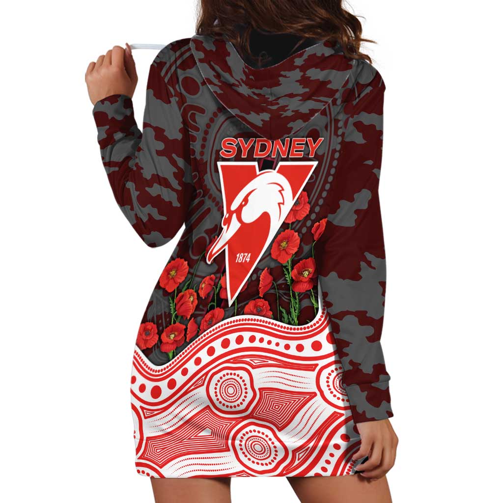 Sydney Swans ANZAC Day Hoodie Dress Indigenous Dot Art with Poppy Flower Tribute