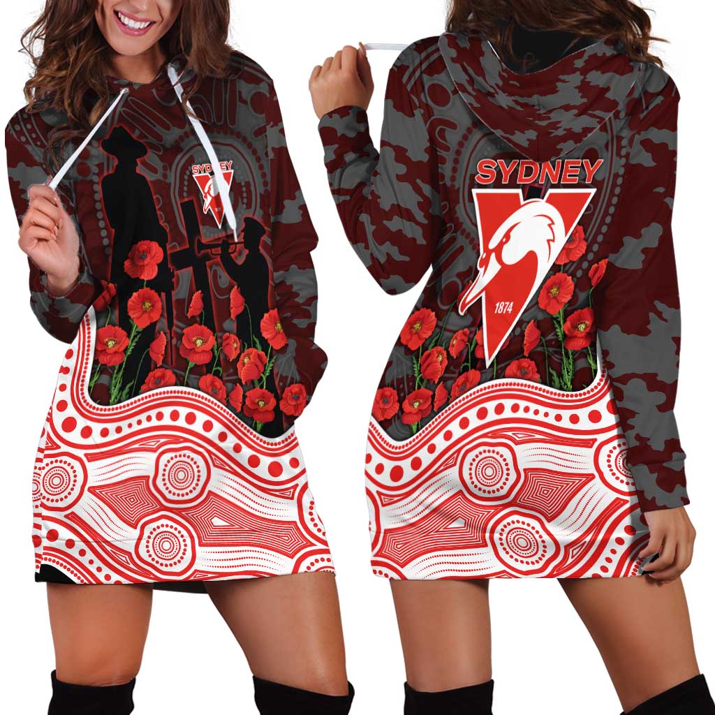 Sydney Swans ANZAC Day Hoodie Dress Indigenous Dot Art with Poppy Flower Tribute