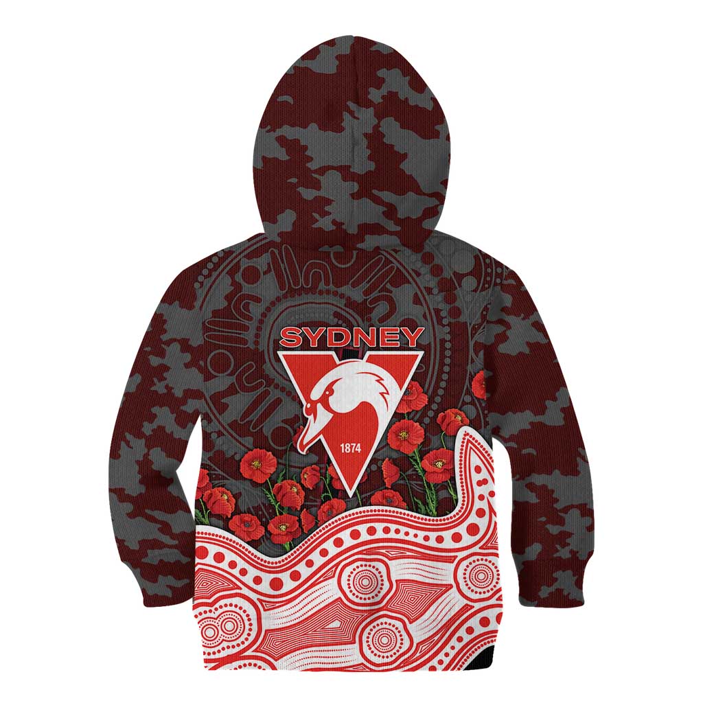 Sydney Swans ANZAC Day Kid Hoodie Indigenous Dot Art with Poppy Flower Tribute