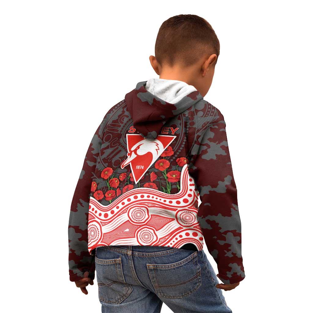 Sydney Swans ANZAC Day Kid Hoodie Indigenous Dot Art with Poppy Flower Tribute