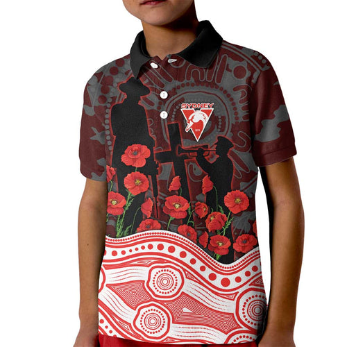 Sydney Swans ANZAC Day Kid Polo Shirt Indigenous Dot Art with Poppy Flower Tribute