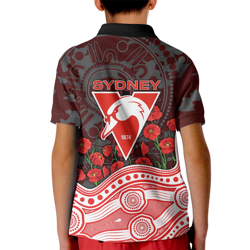 Sydney Swans ANZAC Day Kid Polo Shirt Indigenous Dot Art with Poppy Flower Tribute