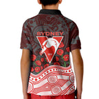 Sydney Swans ANZAC Day Kid Polo Shirt Indigenous Dot Art with Poppy Flower Tribute