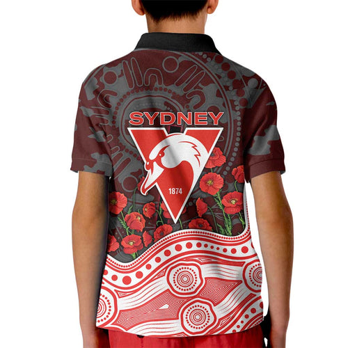 Sydney Swans ANZAC Day Kid Polo Shirt Indigenous Dot Art with Poppy Flower Tribute