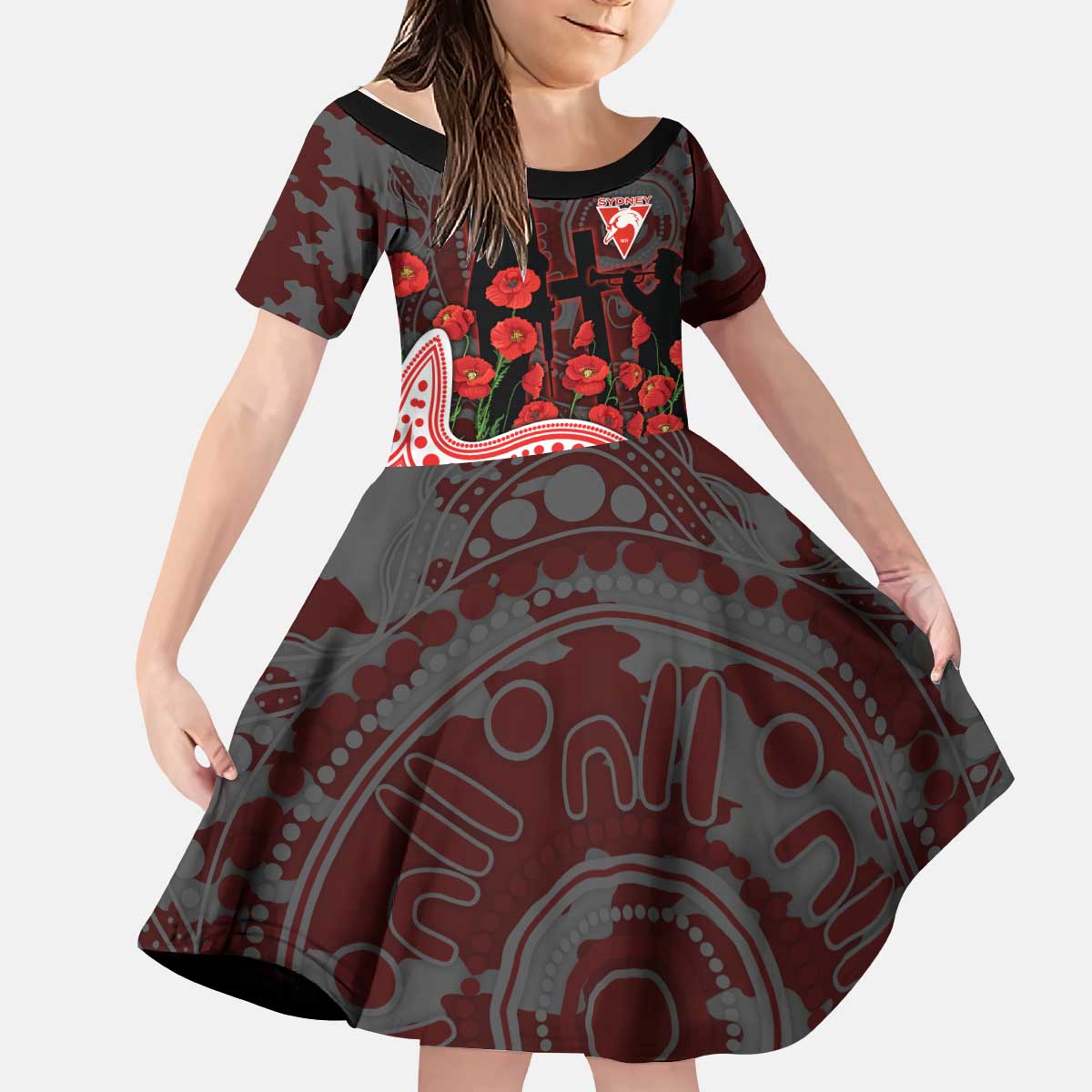 Sydney Swans ANZAC Day Kid Short Sleeve Dress Indigenous Dot Art with Poppy Flower Tribute