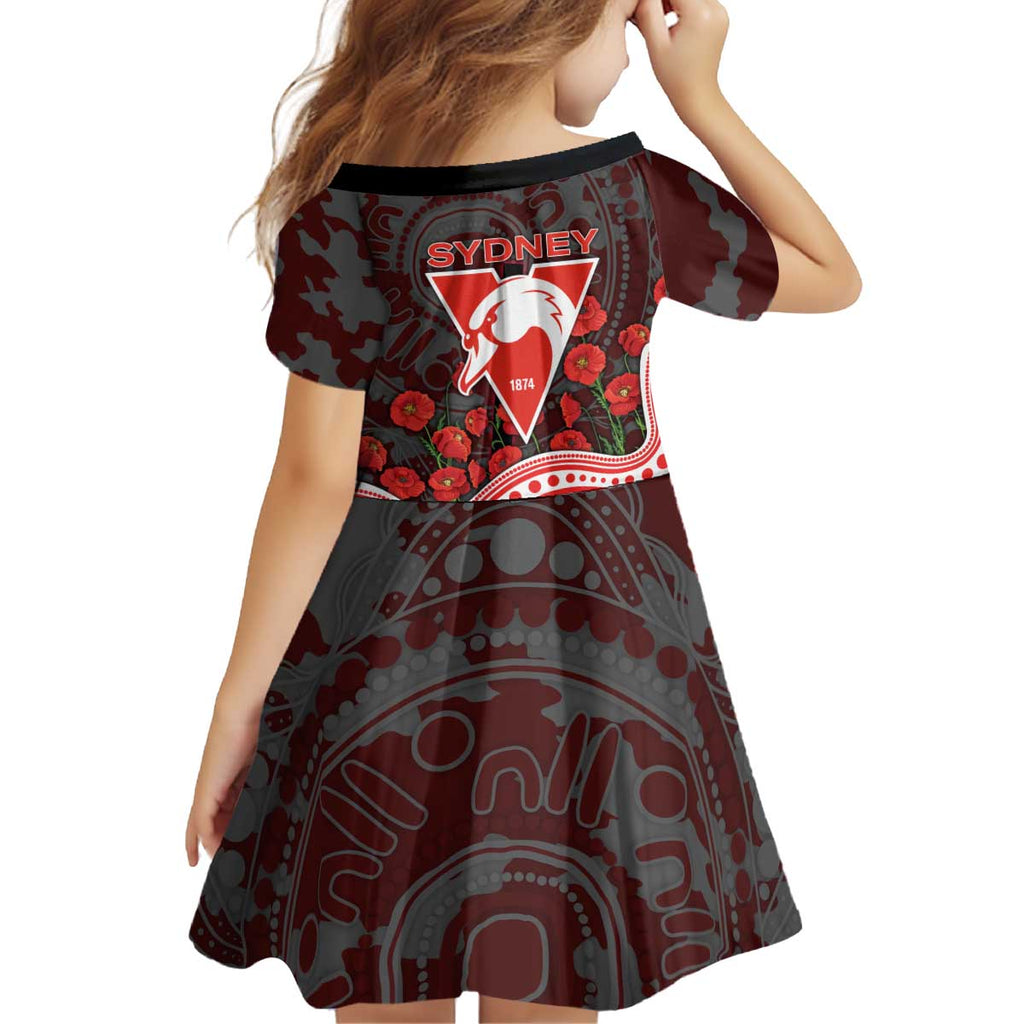 Sydney Swans ANZAC Day Kid Short Sleeve Dress Indigenous Dot Art with Poppy Flower Tribute