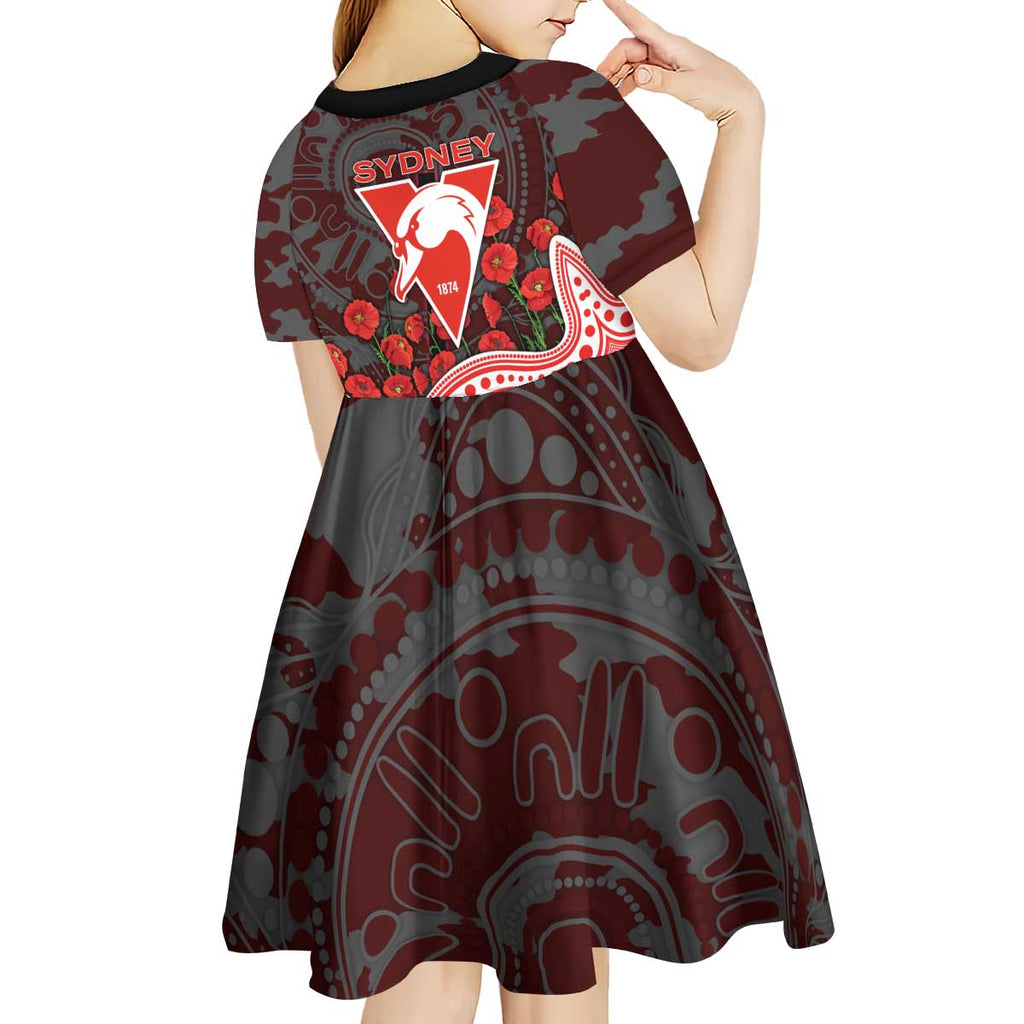 Sydney Swans ANZAC Day Kid Short Sleeve Dress Indigenous Dot Art with Poppy Flower Tribute