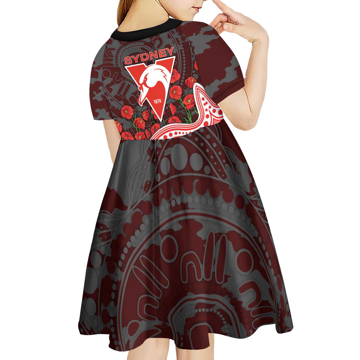 Sydney Swans ANZAC Day Kid Short Sleeve Dress Indigenous Dot Art with Poppy Flower Tribute
