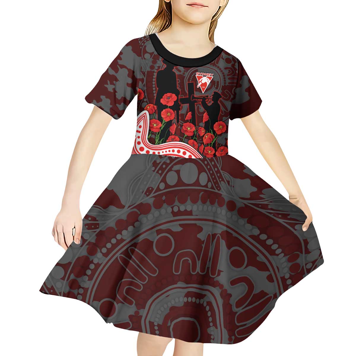 Sydney Swans ANZAC Day Kid Short Sleeve Dress Indigenous Dot Art with Poppy Flower Tribute