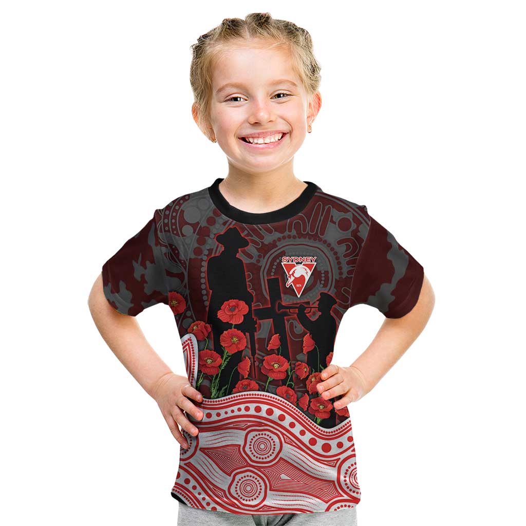 Sydney Swans ANZAC Day Kid T Shirt Indigenous Dot Art with Poppy Flower Tribute