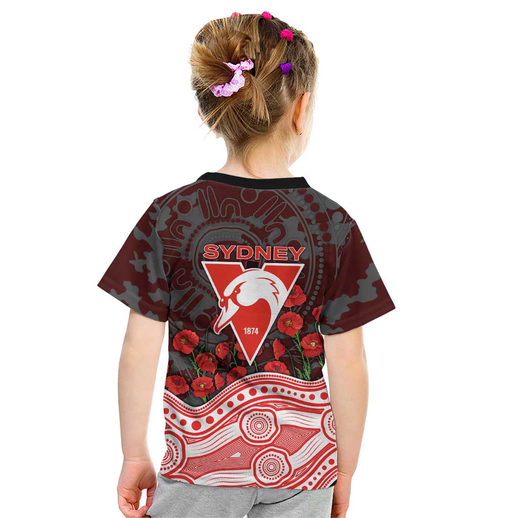 Sydney Swans ANZAC Day Kid T Shirt Indigenous Dot Art with Poppy Flower Tribute