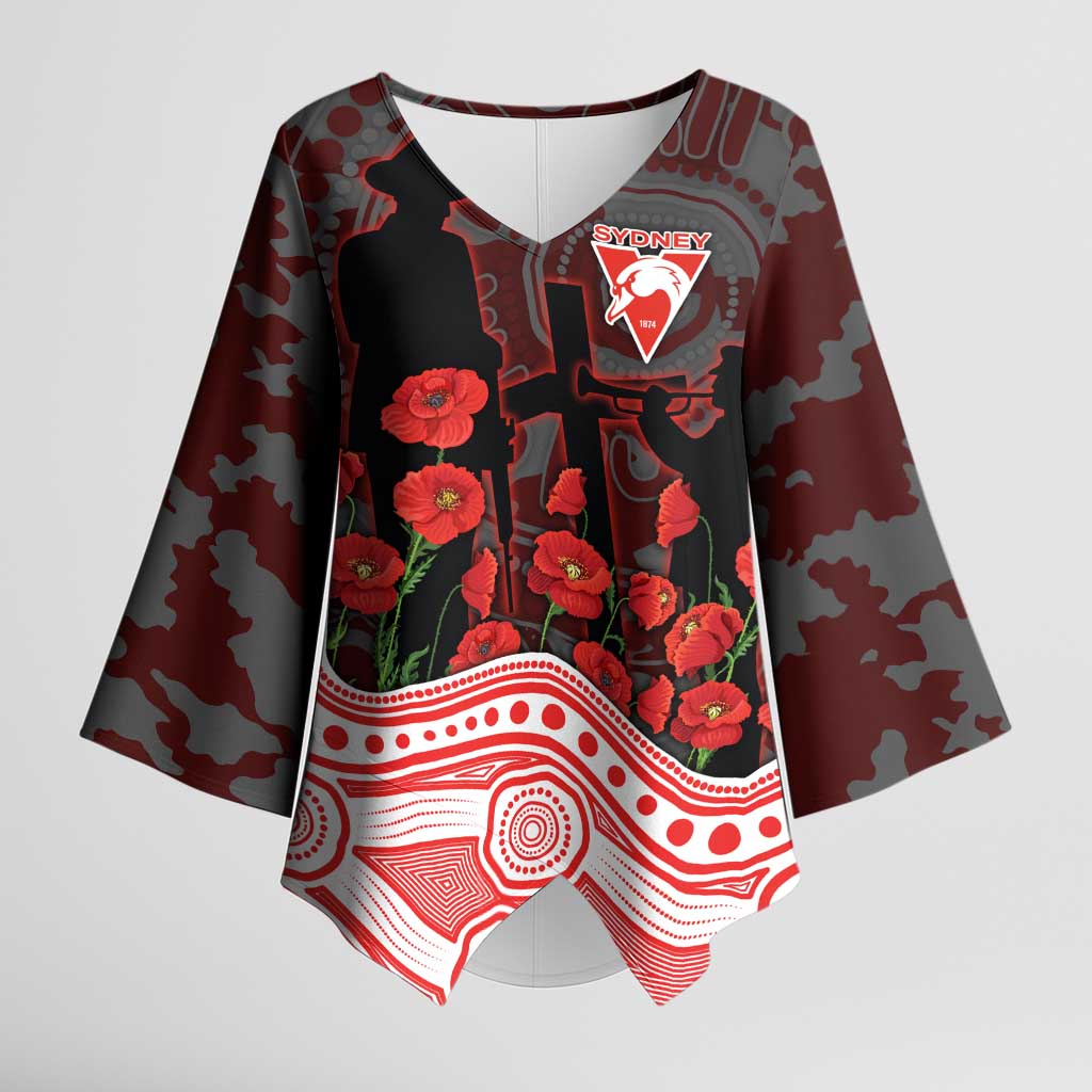Sydney Swans ANZAC Day Kimono Sleeve Blouse Indigenous Dot Art with Poppy Flower Tribute