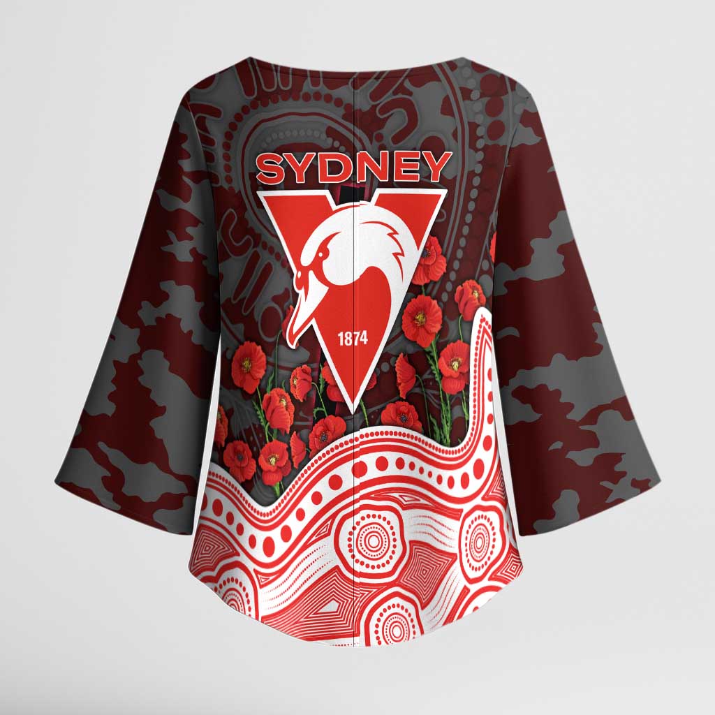 Sydney Swans ANZAC Day Kimono Sleeve Blouse Indigenous Dot Art with Poppy Flower Tribute