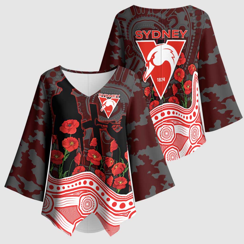 Sydney Swans ANZAC Day Kimono Sleeve Blouse Indigenous Dot Art with Poppy Flower Tribute