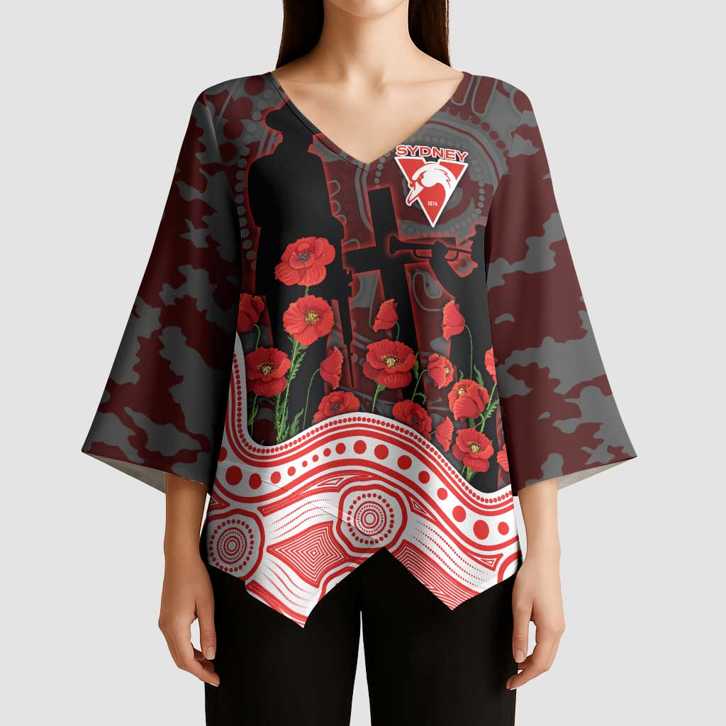 Sydney Swans ANZAC Day Kimono Sleeve Blouse Indigenous Dot Art with Poppy Flower Tribute