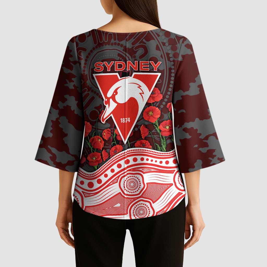 Sydney Swans ANZAC Day Kimono Sleeve Blouse Indigenous Dot Art with Poppy Flower Tribute