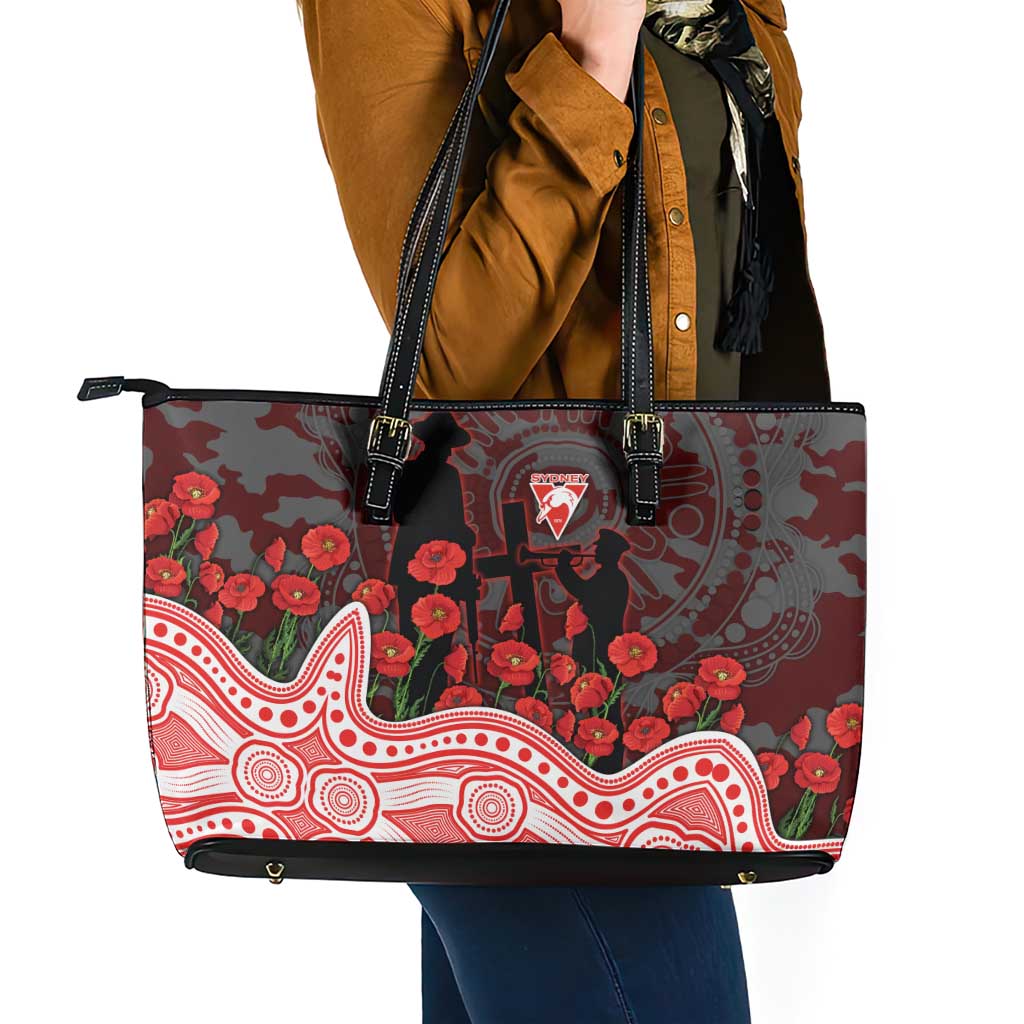 Sydney Swans ANZAC Day Leather Tote Bag Indigenous Dot Art with Poppy Flower Tribute