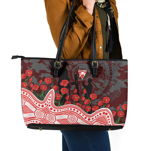 Sydney Swans ANZAC Day Leather Tote Bag Indigenous Dot Art with Poppy Flower Tribute