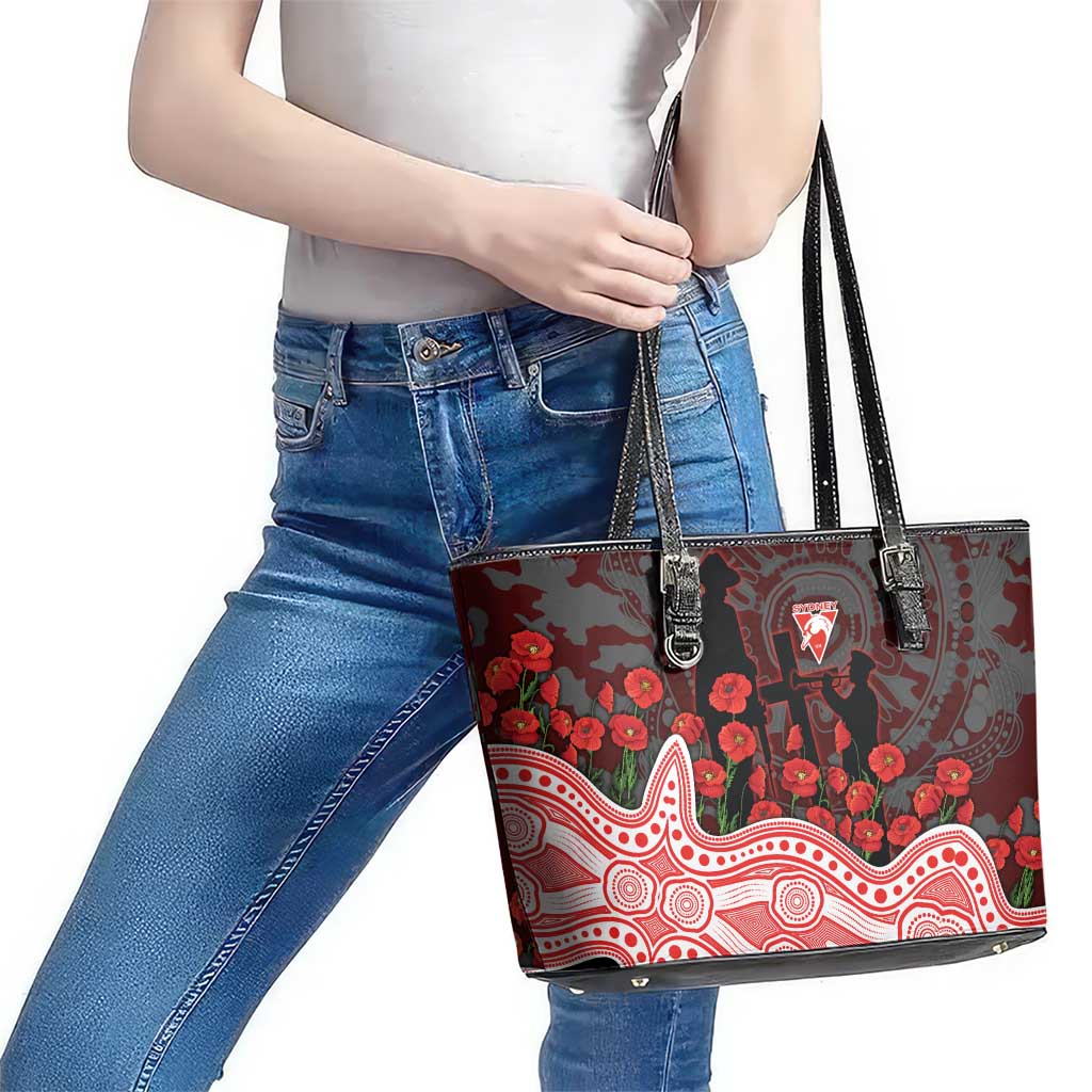 Sydney Swans ANZAC Day Leather Tote Bag Indigenous Dot Art with Poppy Flower Tribute