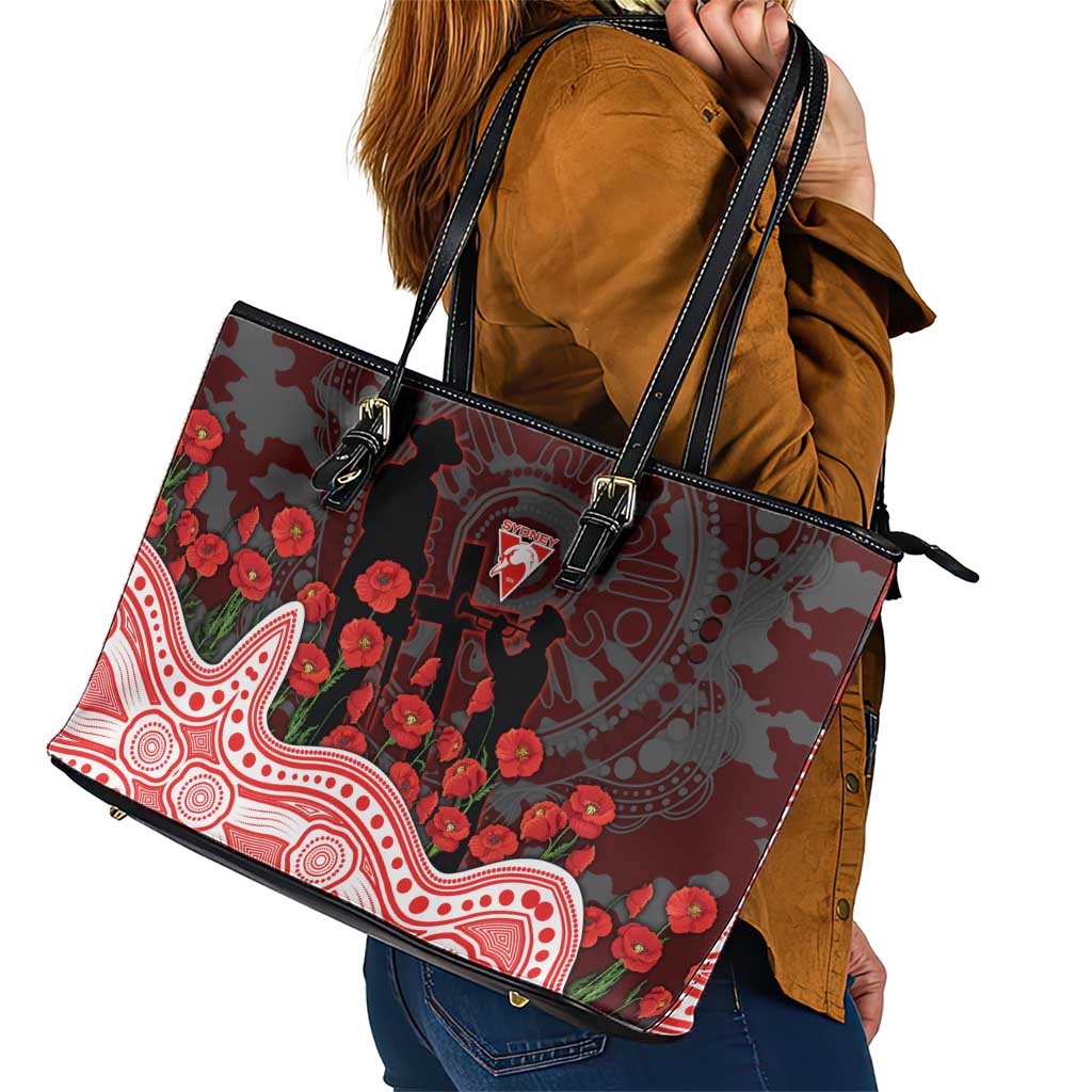 Sydney Swans ANZAC Day Leather Tote Bag Indigenous Dot Art with Poppy Flower Tribute