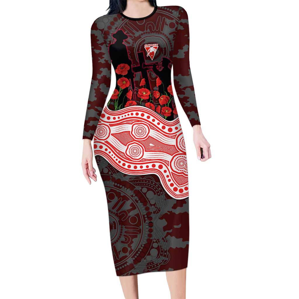 Sydney Swans ANZAC Day Long Sleeve Bodycon Dress Indigenous Dot Art with Poppy Flower Tribute