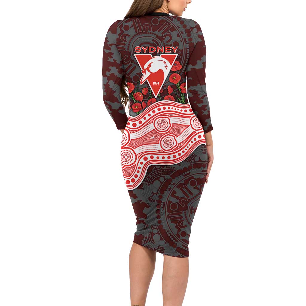 Sydney Swans ANZAC Day Long Sleeve Bodycon Dress Indigenous Dot Art with Poppy Flower Tribute