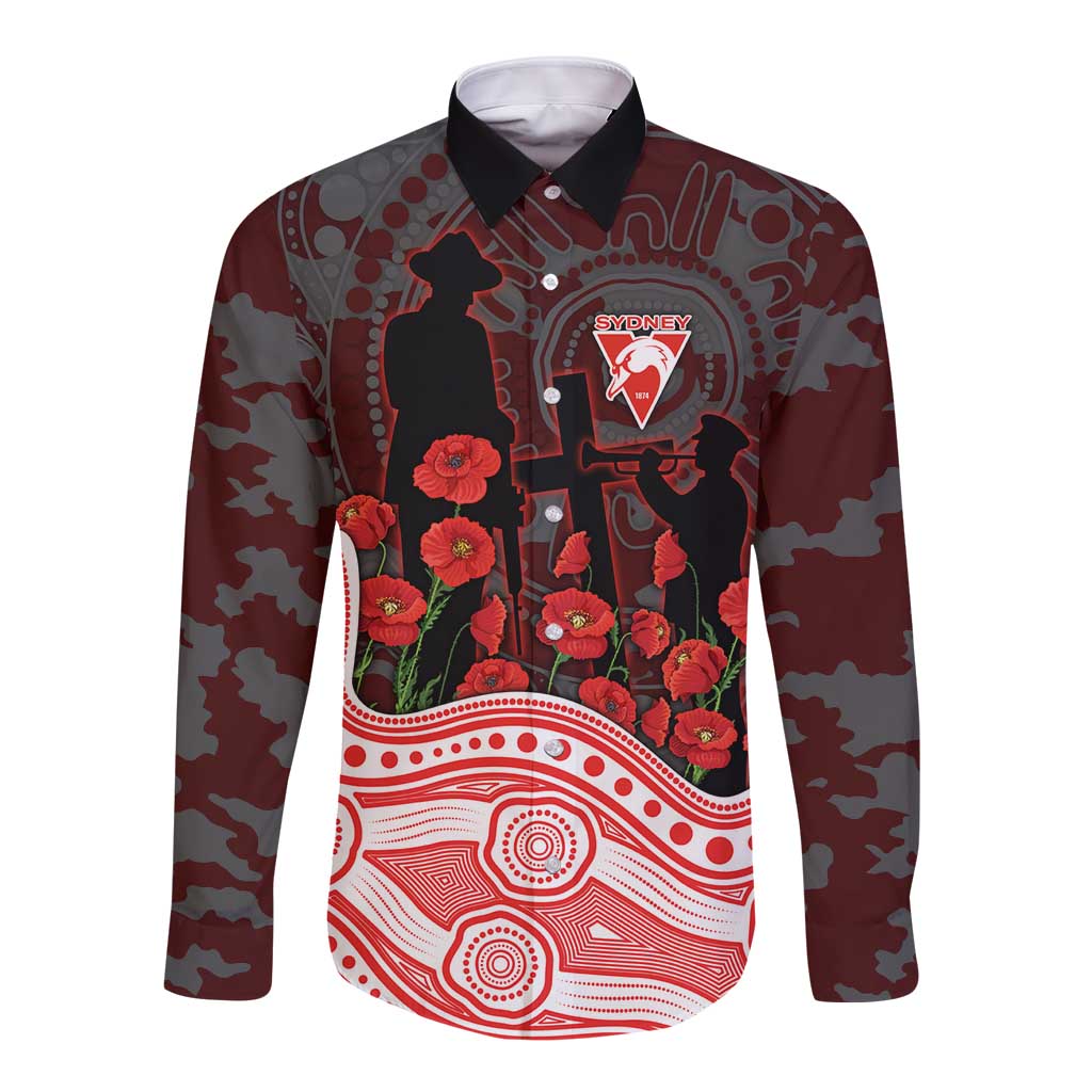 Sydney Swans ANZAC Day Long Sleeve Button Shirt Indigenous Dot Art with Poppy Flower Tribute