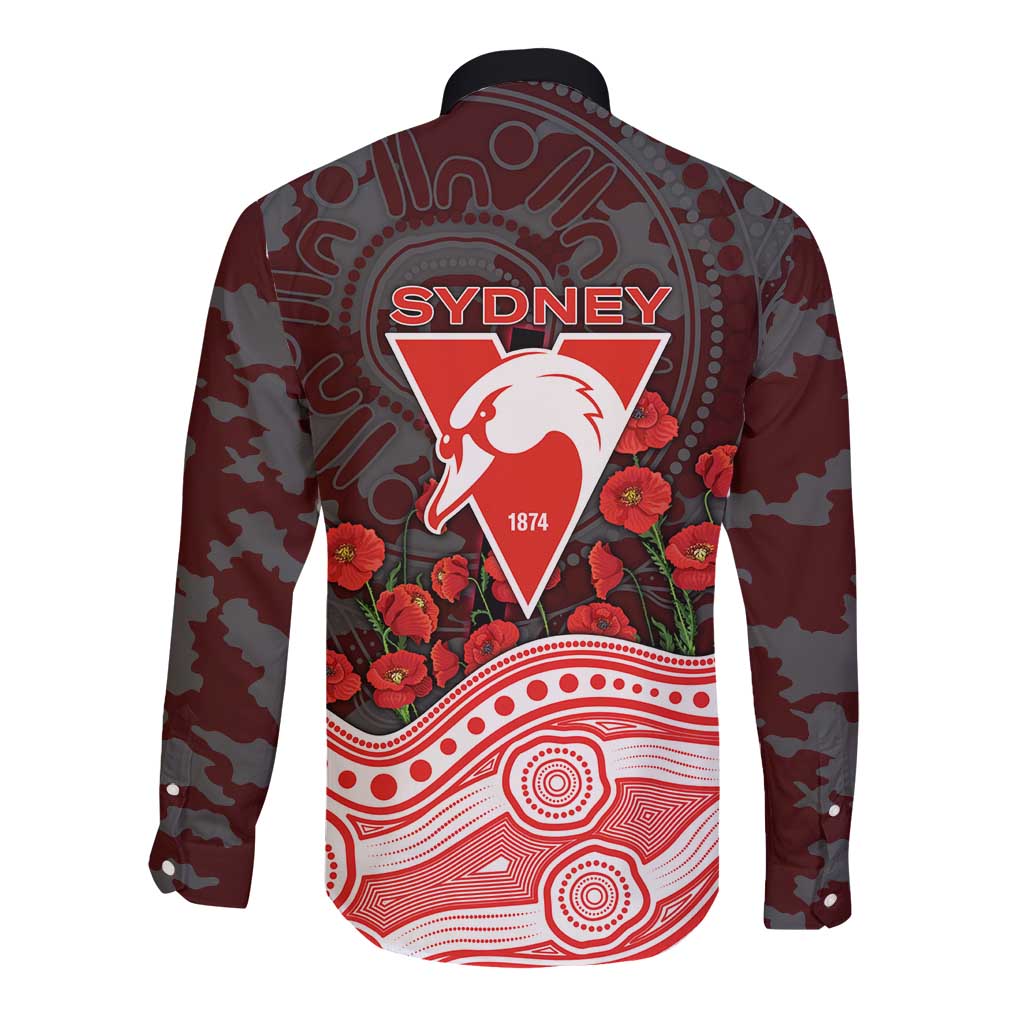 Sydney Swans ANZAC Day Long Sleeve Button Shirt Indigenous Dot Art with Poppy Flower Tribute