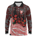 Sydney Swans ANZAC Day Long Sleeve Polo Shirt Indigenous Dot Art with Poppy Flower Tribute