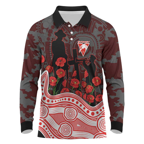 Sydney Swans ANZAC Day Long Sleeve Polo Shirt Indigenous Dot Art with Poppy Flower Tribute