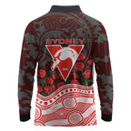 Sydney Swans ANZAC Day Long Sleeve Polo Shirt Indigenous Dot Art with Poppy Flower Tribute