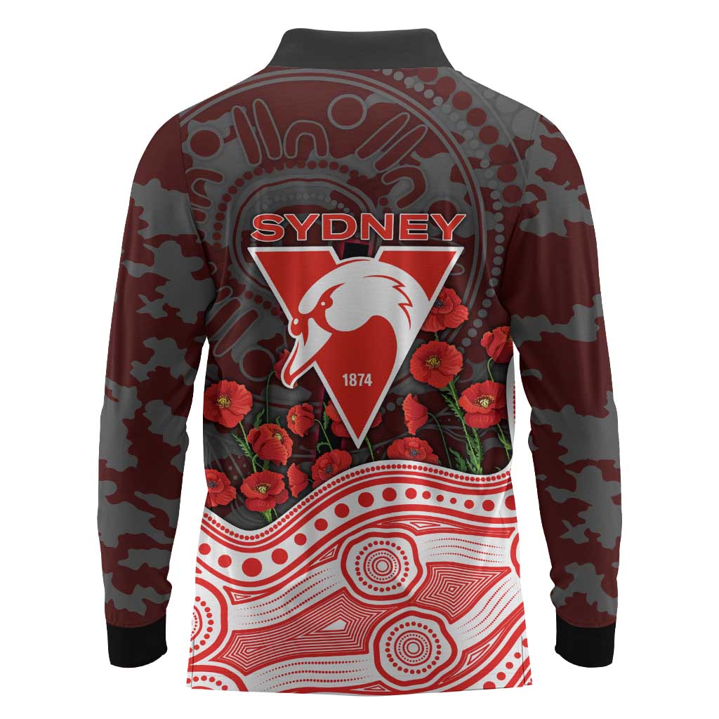 Sydney Swans ANZAC Day Long Sleeve Polo Shirt Indigenous Dot Art with Poppy Flower Tribute
